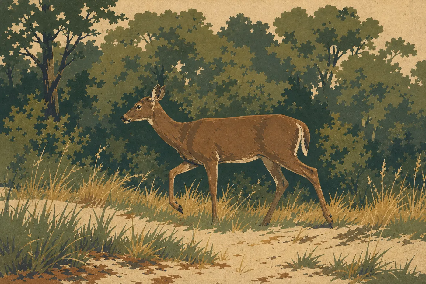Illustration sérigraphiée : Un cerf de Virginie traverse une clairière entre la forêt de dunes et les hautes herbes.