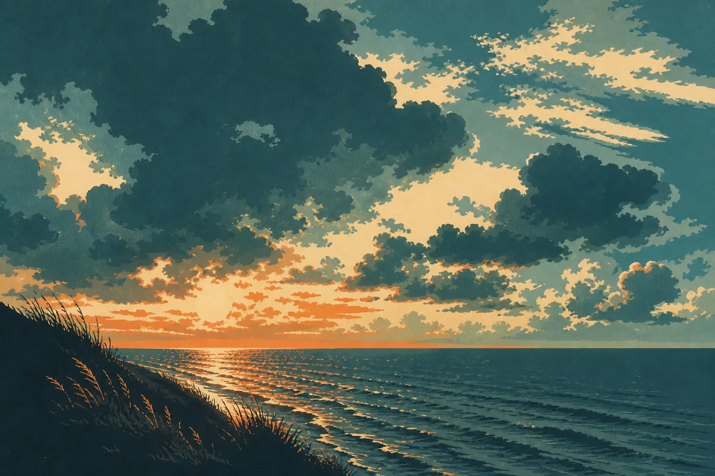 Illustration sérigraphiée : Un coucher de soleil orangé illumine les vaguelettes et les oyats au bord du lac Michigan.