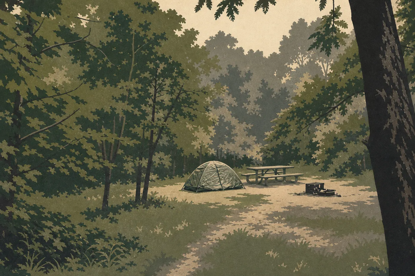 Illustration sérigraphiée : Une tente et un feu de camp occupent un emplacement boisé du Dunewood Campground sous les grands arbres.