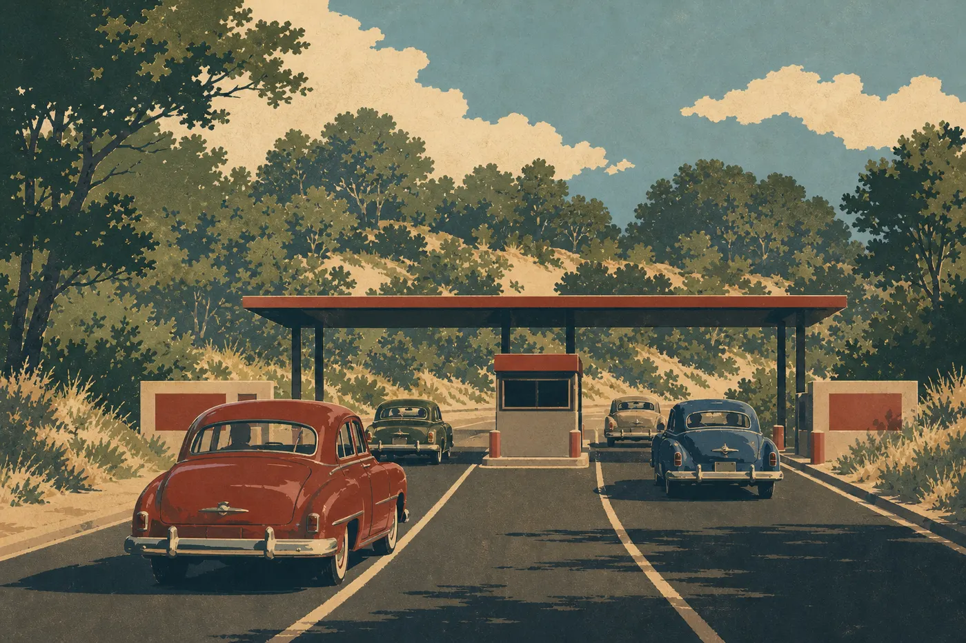 Illustration sérigraphiée : La station d'entrée de West Beach accueille les véhicules devant les dunes boisées du secteur occidental.