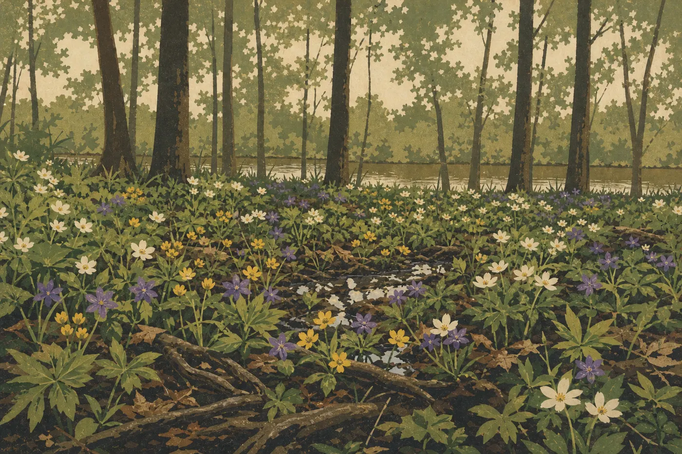 Screen-printed illustration: Spring wildflowers carpet the moist forest near the Little Calumet River.