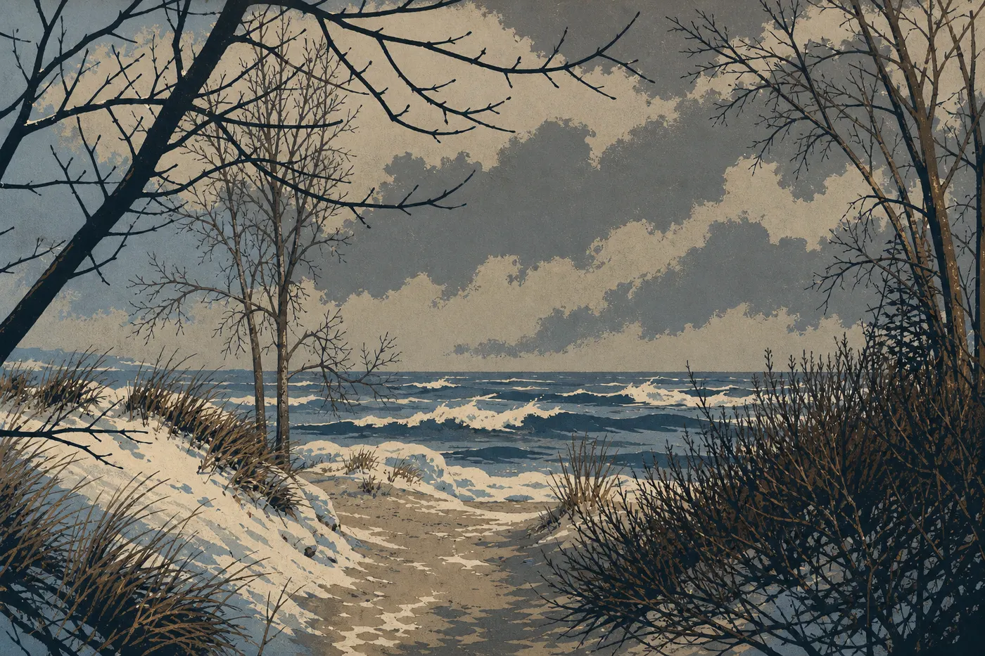 Screen-printed illustration: Shore ice and snow transform the Lake Michigan beach into an Arctic landscape.