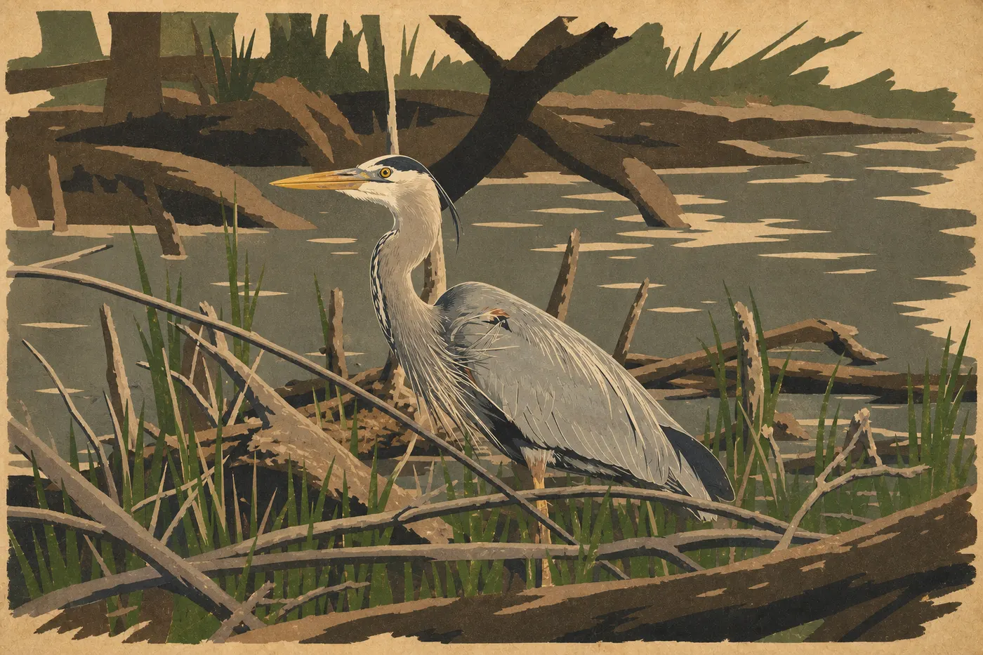 Illustration sérigraphiée : Un grand héron bleu immobile chasse dans les eaux peu profondes de la Great Marsh.