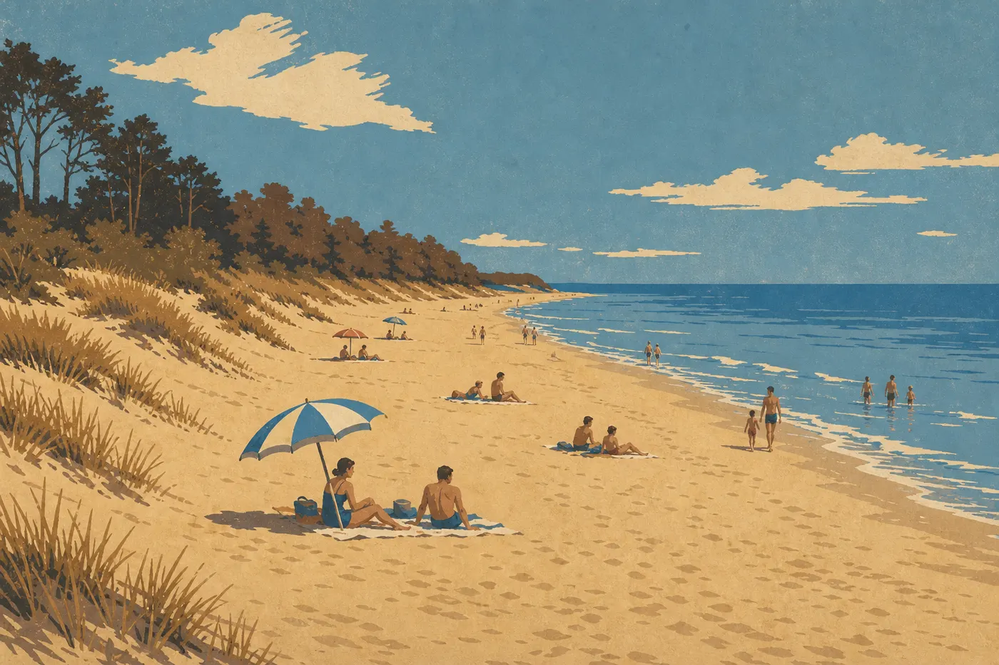 Screen-printed illustration: Visitors enjoy the sand at West Beach beneath an open summer sky over the lake.