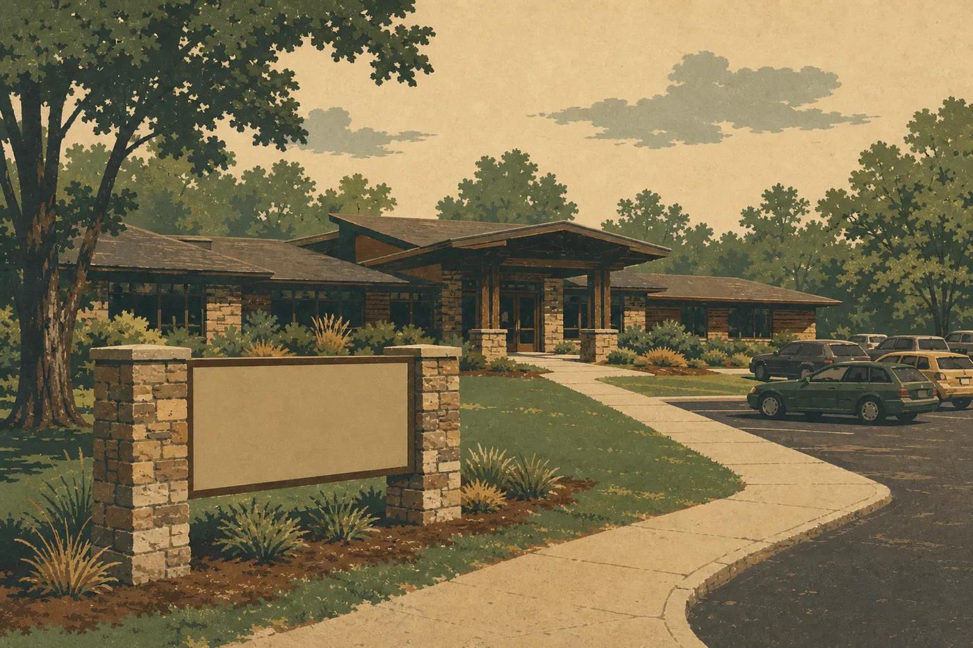 Illustration sérigraphiée : Le centre d'accueil d'Indiana Dunes et son panneau d'entrée constituent le point de départ du séjour.