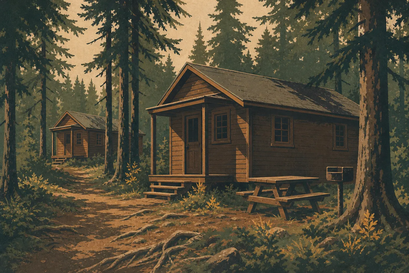 Illustration sérigraphiée : Les camper cabins de Windigo apparaissent parmi les épinettes, avec leurs porches et équipements rustiques.