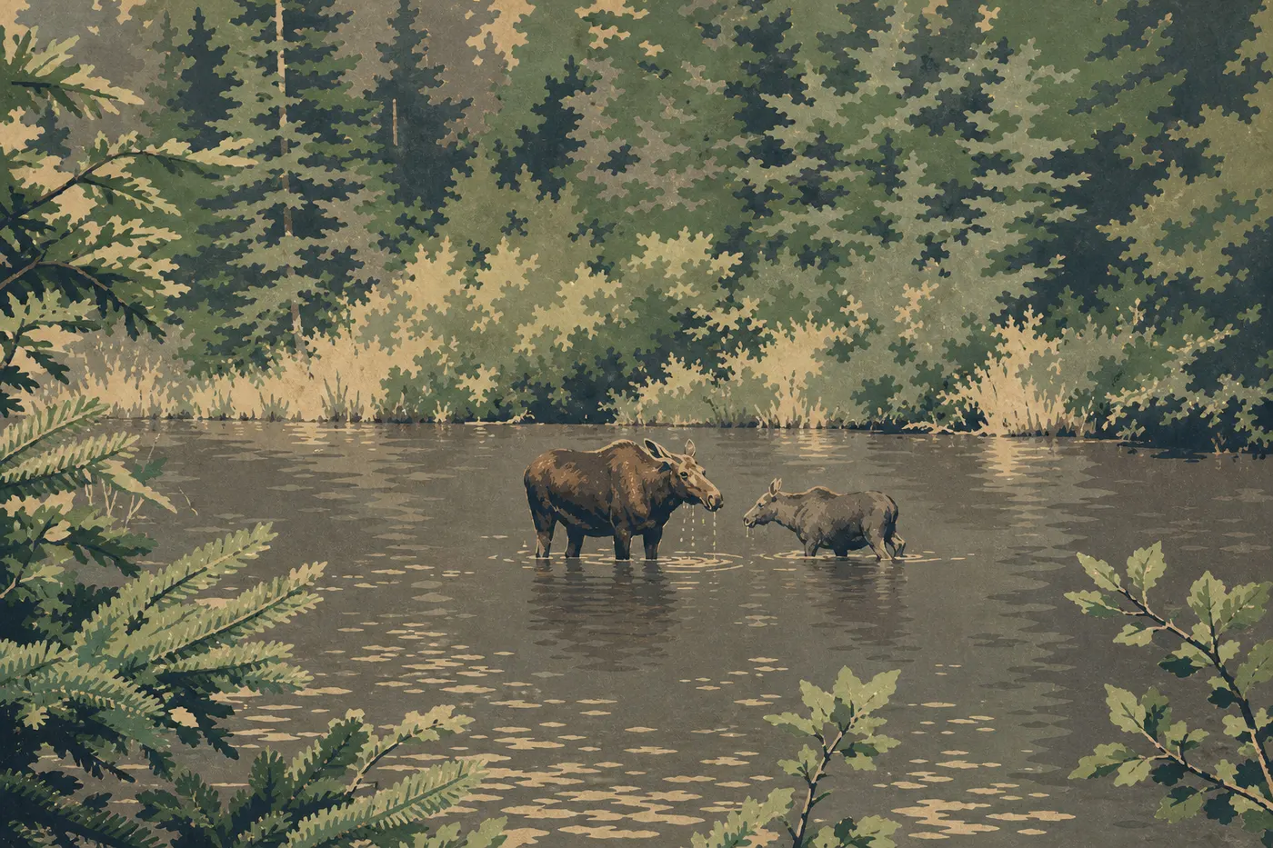 Illustration sérigraphiée : Un élan adulte se nourrit dans les eaux peu profondes de Washington Creek, au milieu des conifères.
