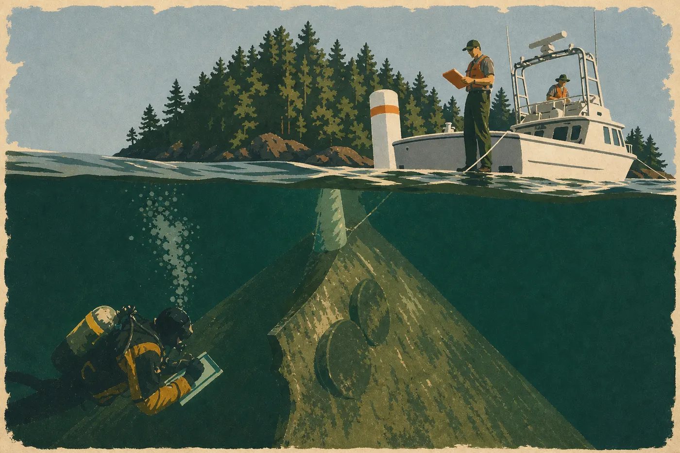 Illustration sérigraphiée : Des plongeurs explorent la poupe engloutie du SS Emperor près de Canoe Rocks dans les eaux froides.