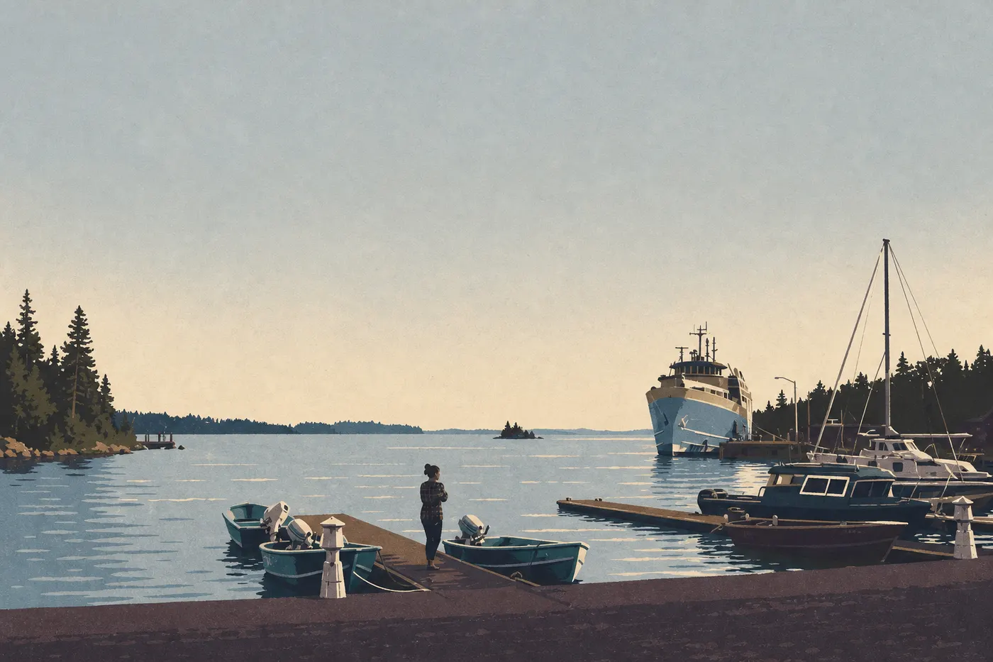 Screen-printed illustration: Under the summer sun, colorful canoes rest on the dock at Tobin Harbor beside calm water.