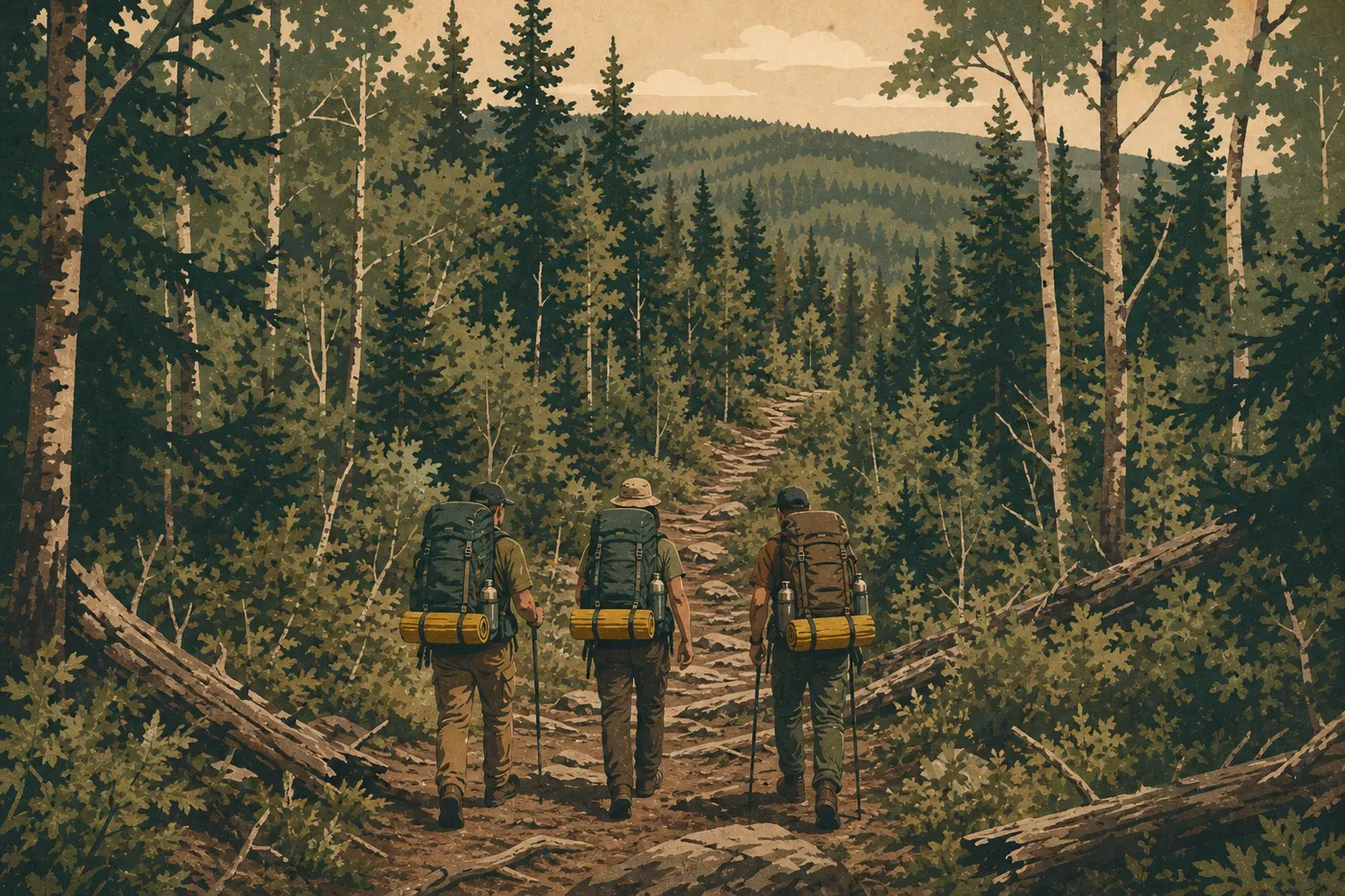 Illustration sérigraphiée : Des randonneurs chargés suivent le Greenstone Ridge Trail sur la longue crête boisée traversant Isle Royale.