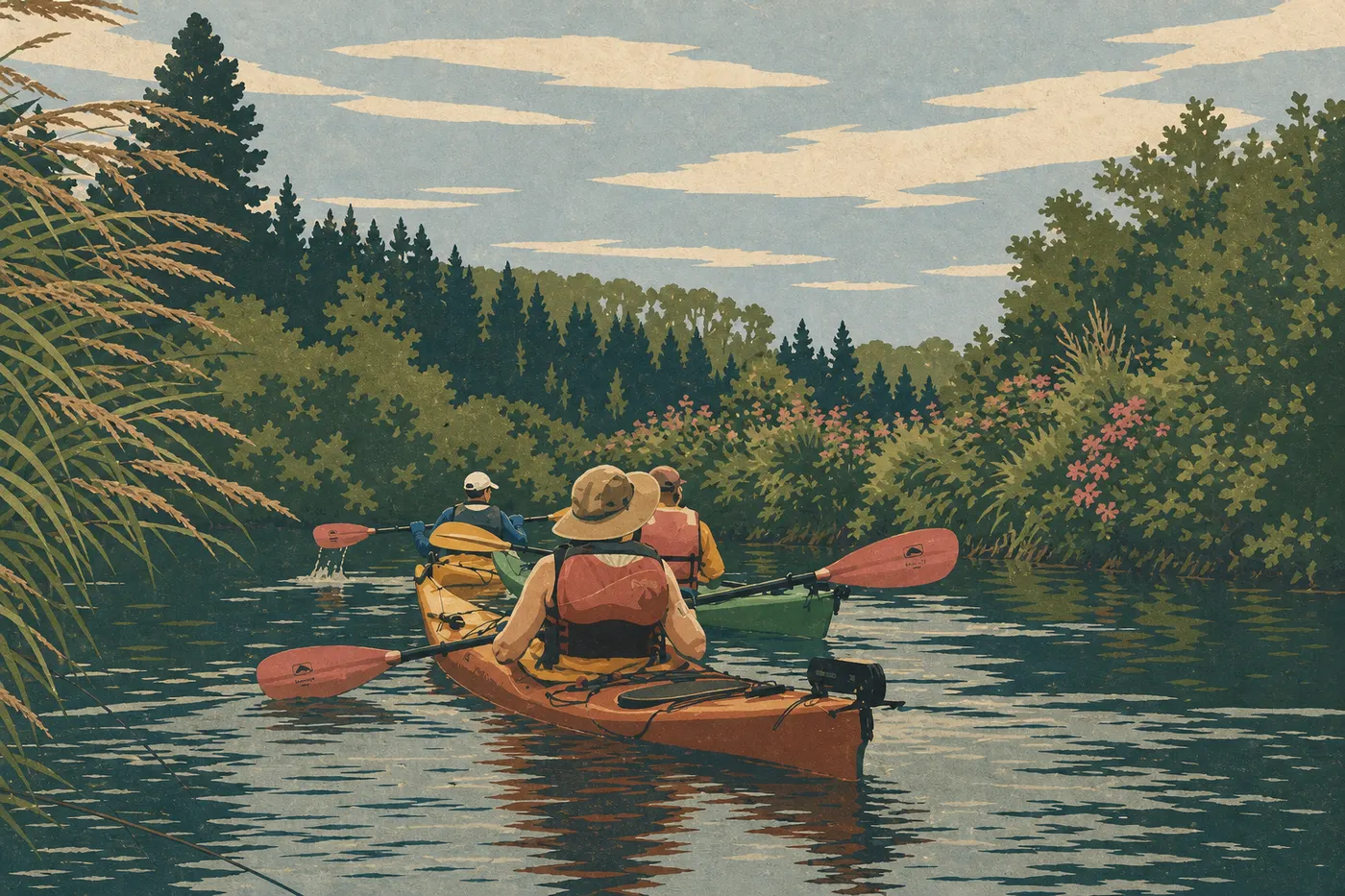 Illustration sérigraphiée : Deux kayakistes glissent sur les eaux abritées de Tobin Harbor entre îlots rocheux et conifères serrés.
