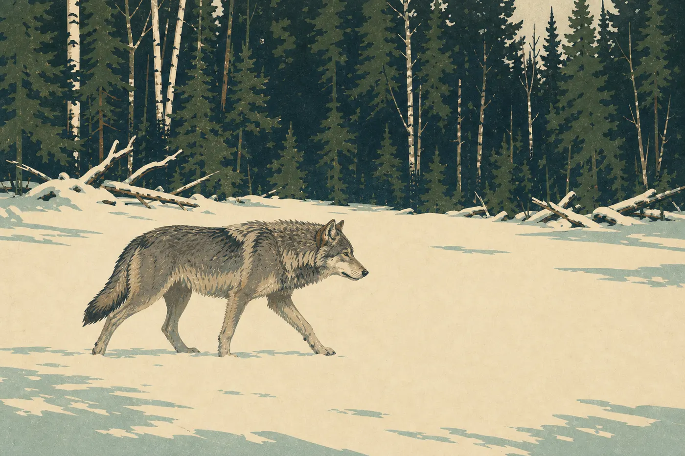 Screen-printed illustration: A lone gray wolf crosses a snowy clearing on Isle Royale, between spruce trees and bare birches.