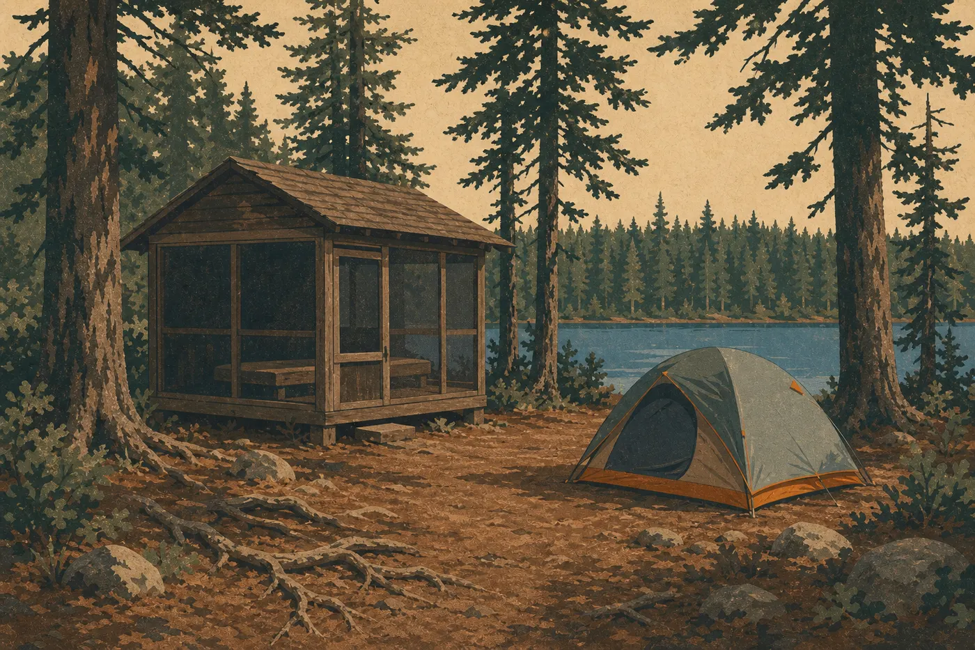 Illustration sérigraphiée : Un abri grillagé et une tente occupent le rivage boisé du terrain de camping de Moskey Basin.