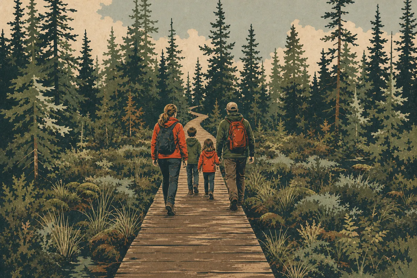 Illustration sérigraphiée : Une famille avance sur la passerelle du marais d'épinettes de Raspberry Island, entre mousses et conifères.
