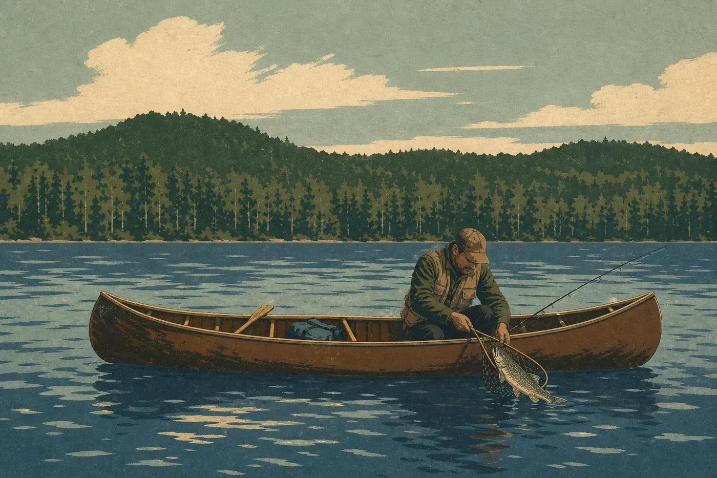 Illustration sérigraphiée : Un pêcheur en canot remonte un touladi sur Siskiwit Lake, entouré de collines entièrement boisées.