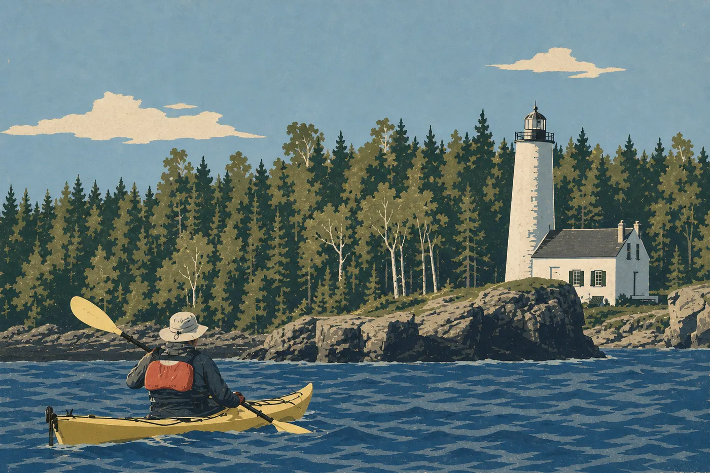 Illustration sérigraphiée : Le phare de Rock Harbor domine son îlot rocheux, encadré par les eaux bleues du lac Supérieur.