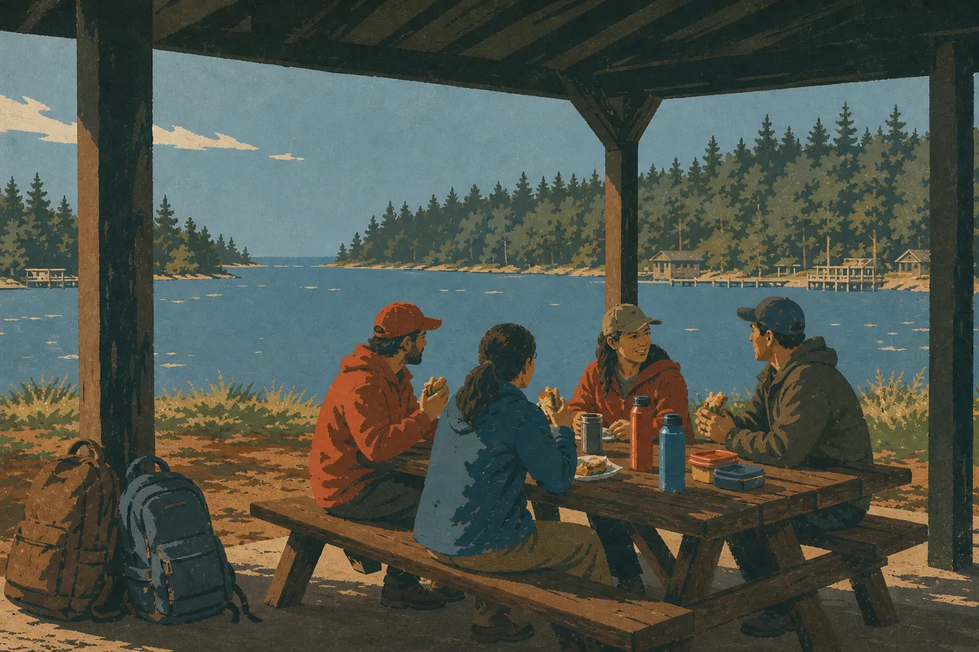 Illustration sérigraphiée : Des visiteurs déjeunent sous l'abri de pique-nique de Windigo face aux eaux calmes de Washington Harbor.