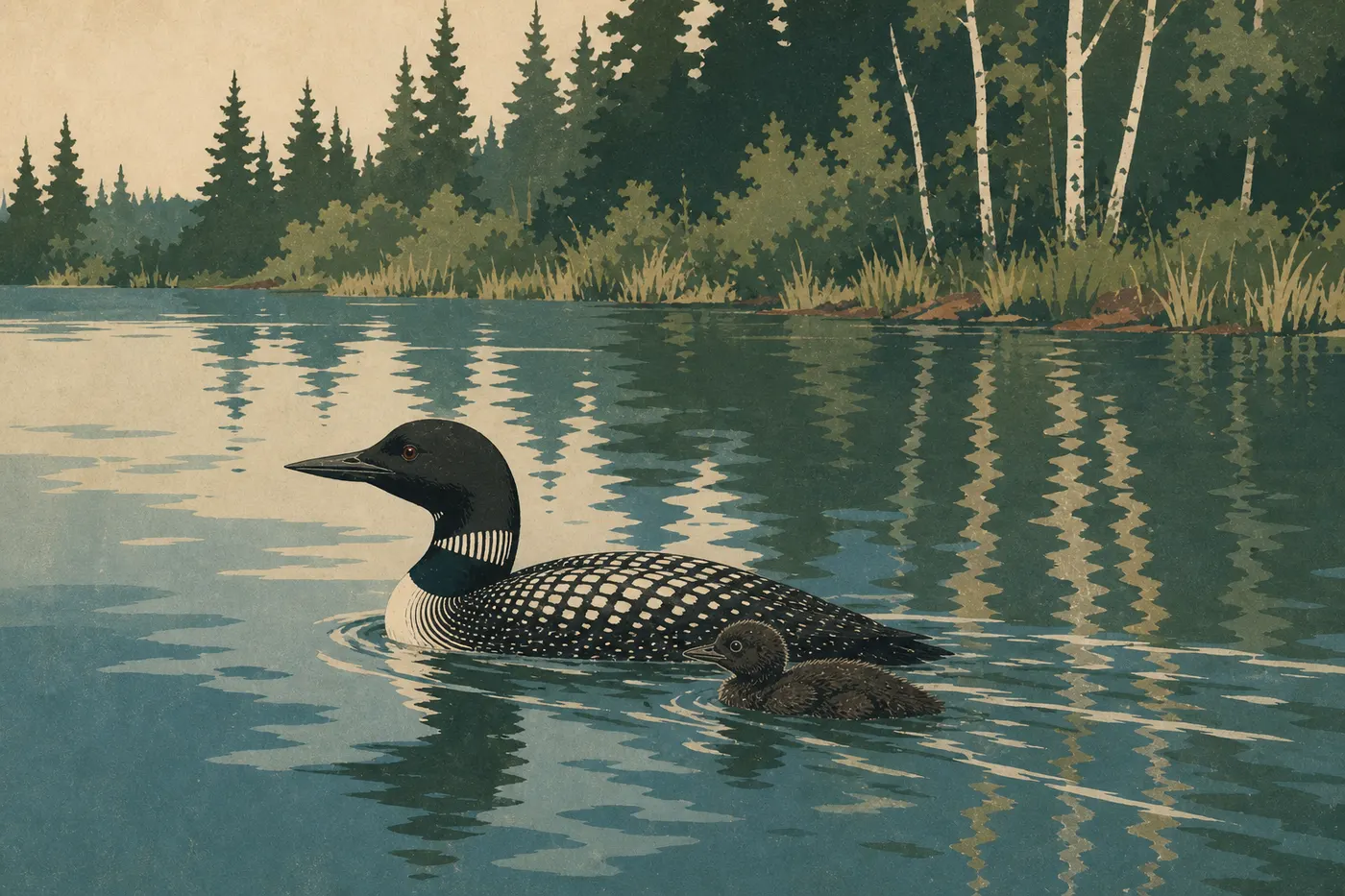 Screen-printed illustration: An adult common loon swims with its chick on the tranquil waters of an inland lake in Isle Royale.