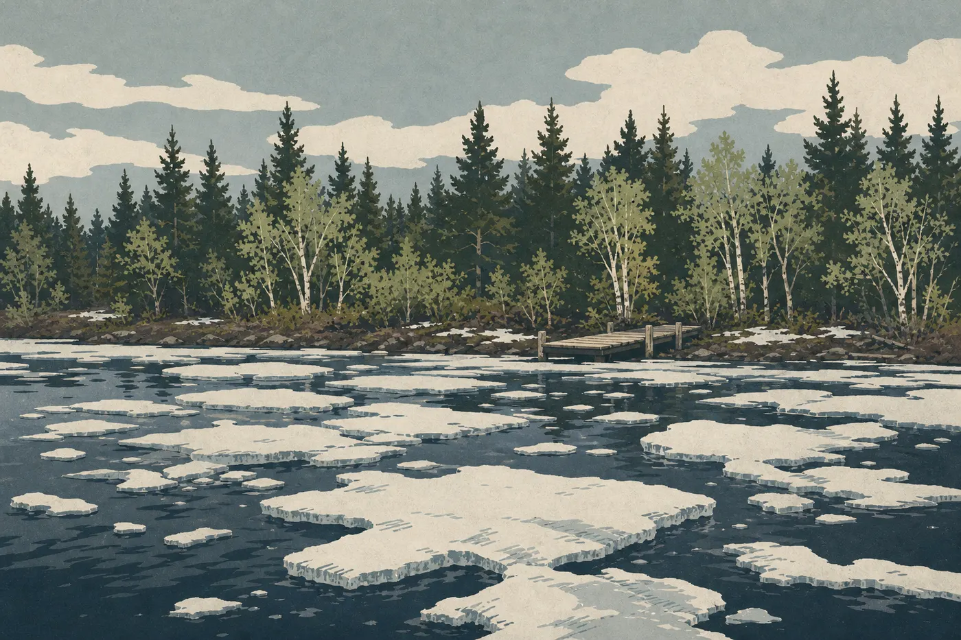 Screen-printed illustration: The last patches of ice drift before Rock Harbor as the birches begin to turn green.