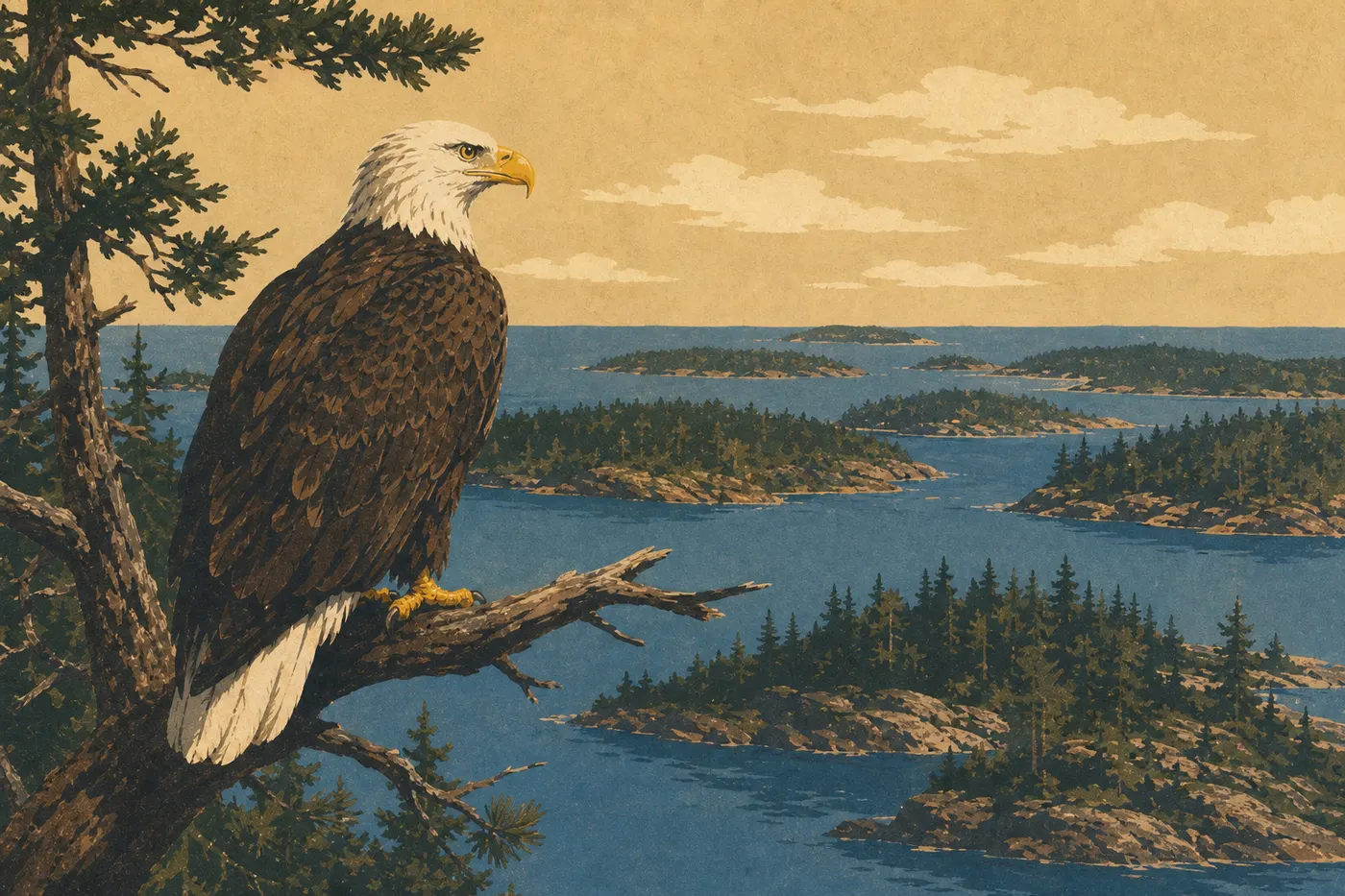 Screen-printed illustration: A bald eagle perched in a conifer watches over the bays and islands of Lake Superior.