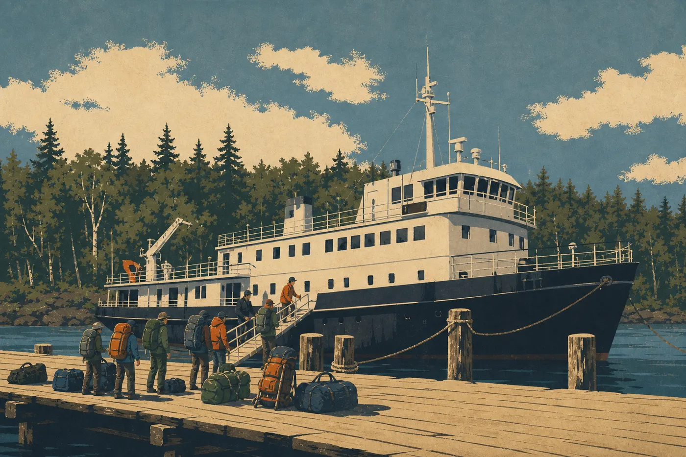 Illustration sérigraphiée : Le ferry Ranger III accoste à Rock Harbor avec randonneurs et sacs devant la forêt insulaire.