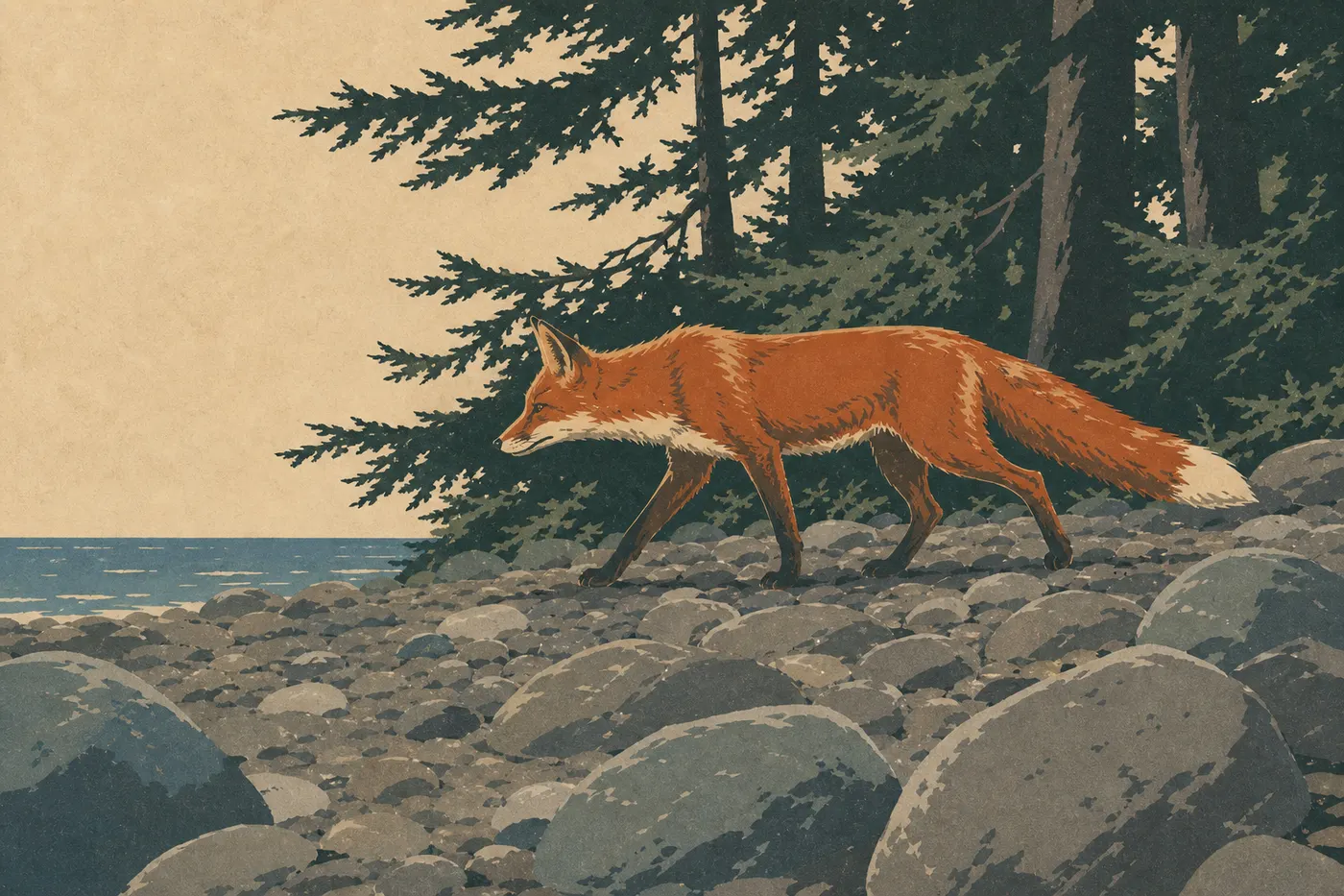 Screen-printed illustration: A red fox follows the rocky shore of Isle Royale beneath the low branches of boreal spruce.