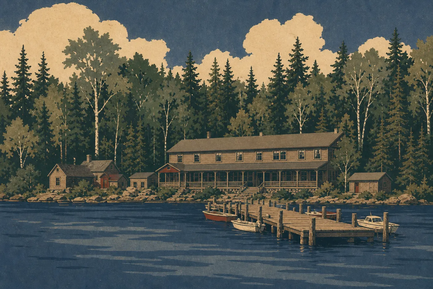 Illustration sérigraphiée : Rock Harbor Lodge s'étire au bord de l'eau, avec ses bâtiments en bois et son embarcadère.