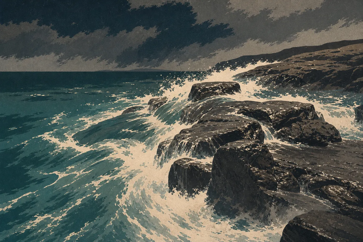 Illustration sérigraphiée : Un front orageux assombrit le lac Supérieur tandis que les vagues frappent les rochers de Scoville Point.