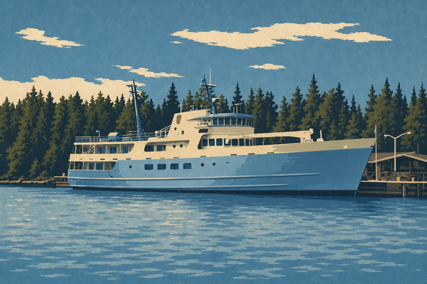 Illustration sérigraphiée : Les quais et le centre d'accueil de Windigo bordent Washington Harbor, porte occidentale sauvage de l'île.