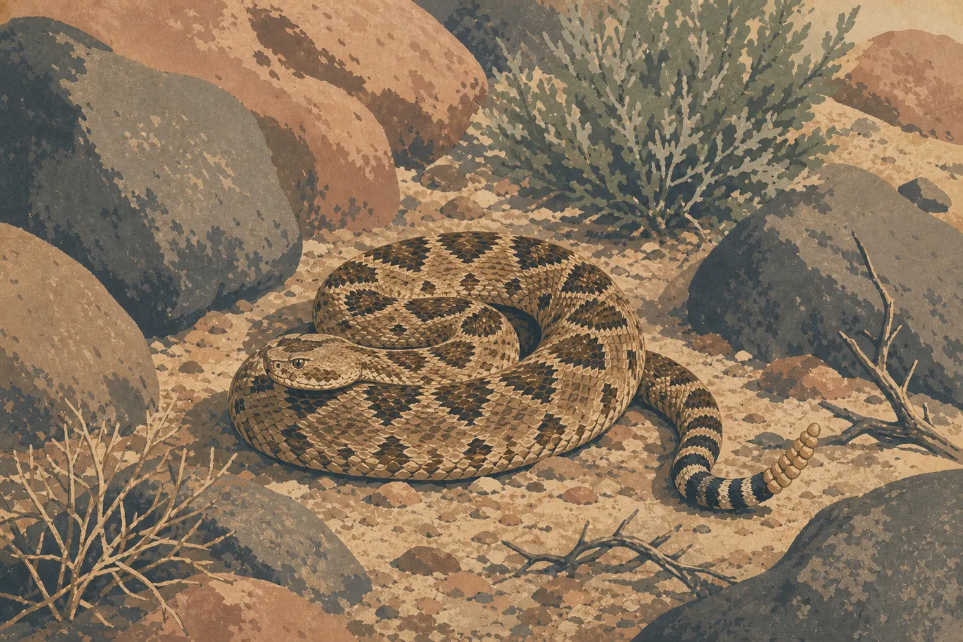 Illustration sérigraphiée : Les serpents à sonnette : comment les distinguer