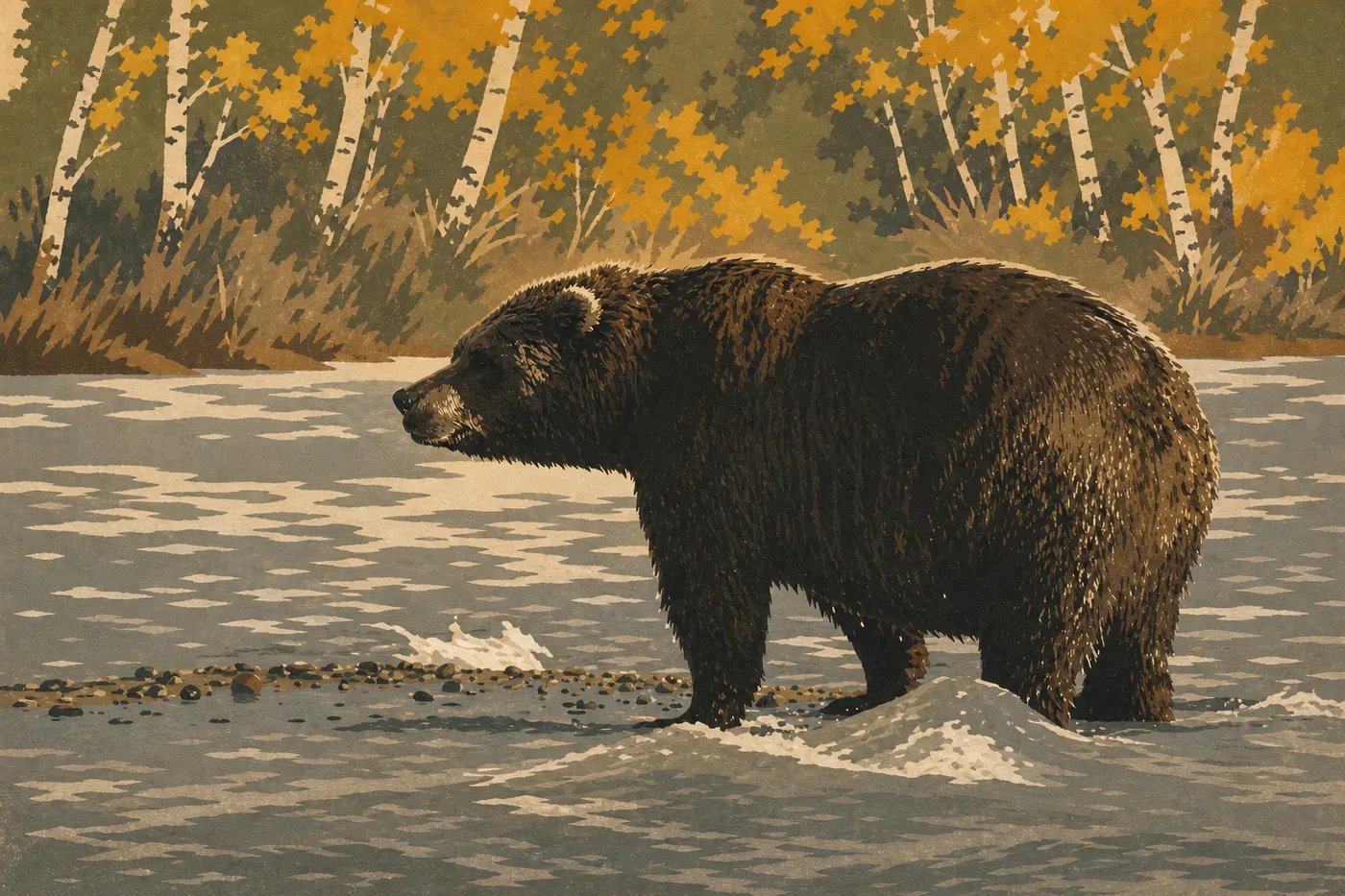 Illustration sérigraphiée : Les bouleaux jaunis entourent la rivière Brooks où un ours cherche les derniers saumons rouges de septembre.