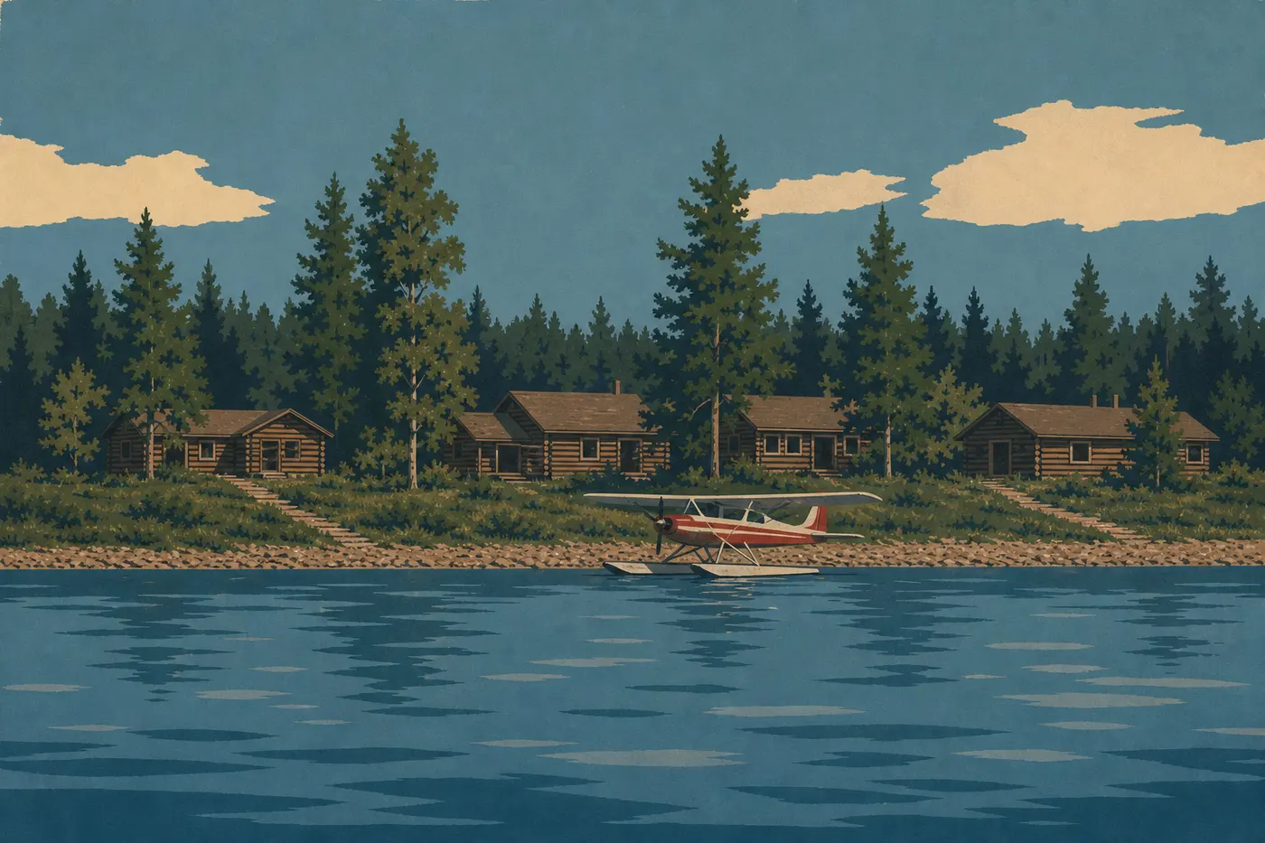Illustration sérigraphiée : Les cabanes en bois de Brooks Lodge font face au lac Naknek, avec un hydravion amarré sur la rive.