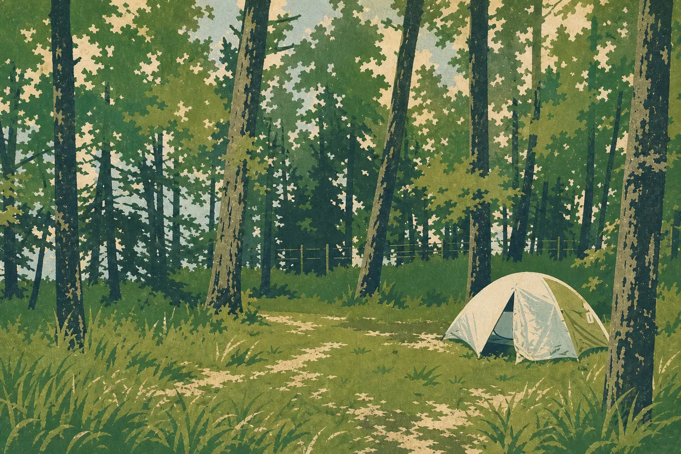 Illustration sérigraphiée : Une tente se dresse dans la peupleraie clôturée du camping de Brooks Camp près de son abri de cuisine.
