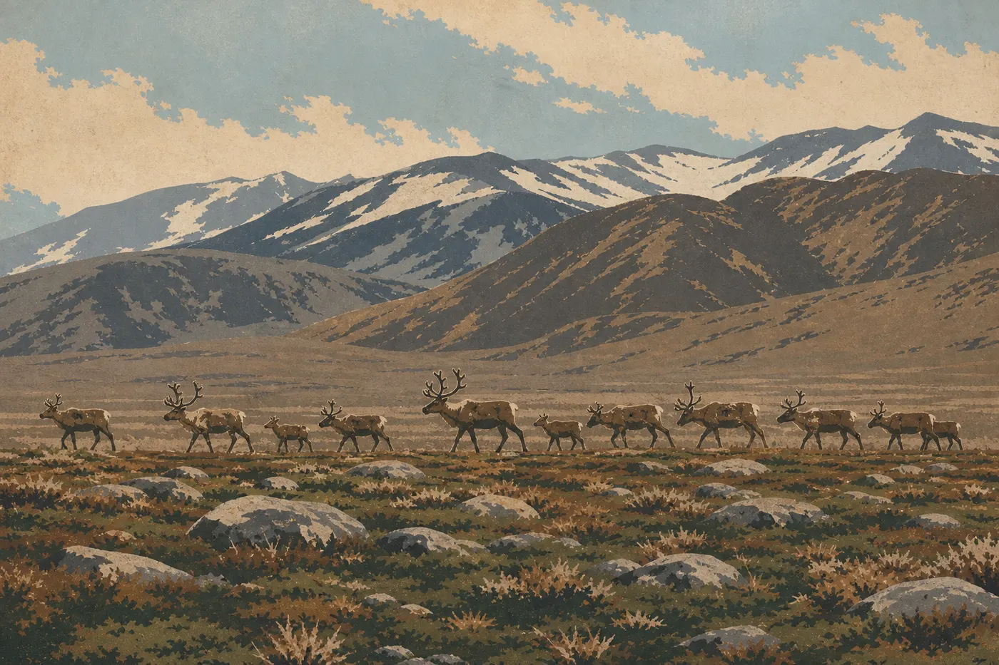 Illustration sérigraphiée : Un groupe de caribous traverse la toundra ouverte de Katmai sous les crêtes de la chaîne Aléoutienne.