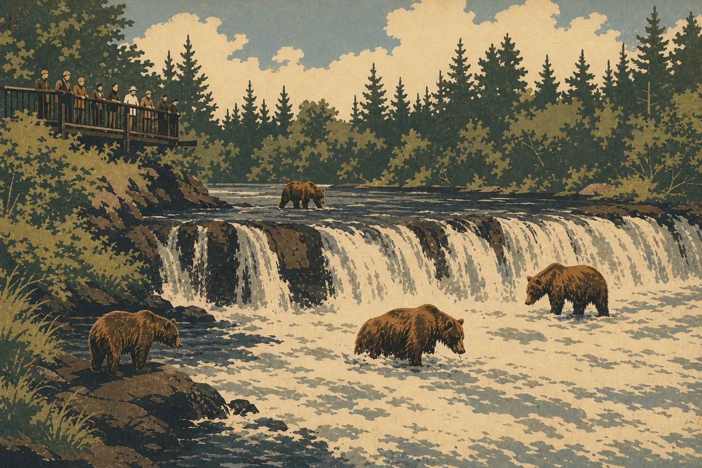 Illustration sérigraphiée : Plusieurs ours bruns pêchent sous les chutes de Brooks tandis que les visiteurs observent depuis la plateforme.