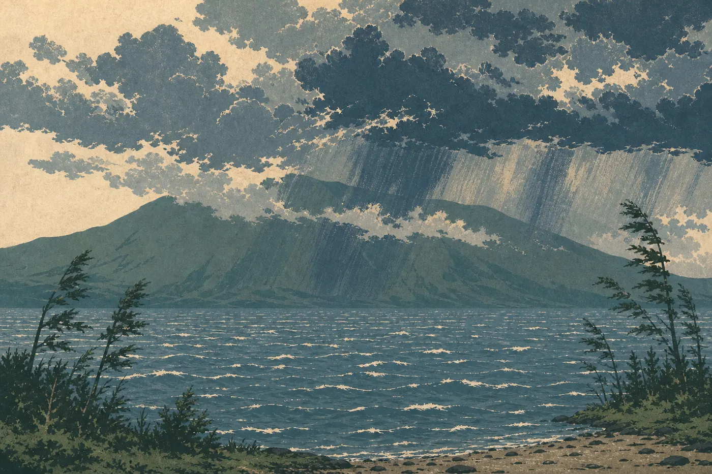 Illustration sérigraphiée : Des nuages bas chargés de pluie enveloppent Dumpling Mountain au-dessus des eaux sombres et ventées du lac Naknek.