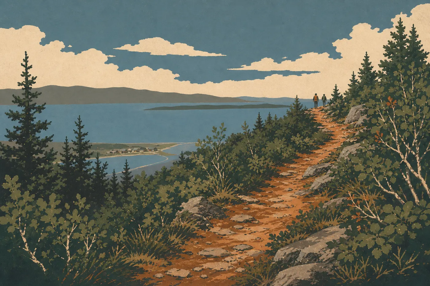 Illustration sérigraphiée : Le sentier de Dumpling Mountain grimpe de la forêt boréale vers un panorama dominant Brooks Camp et Naknek Lake.