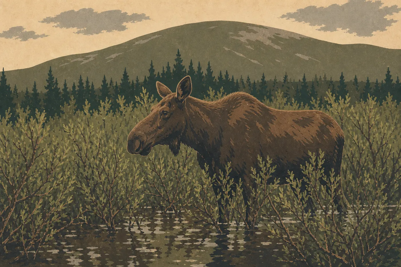 Illustration sérigraphiée : Un élan se tient dans les saules humides près de Brooks Camp, avec Dumpling Mountain en arrière-plan.