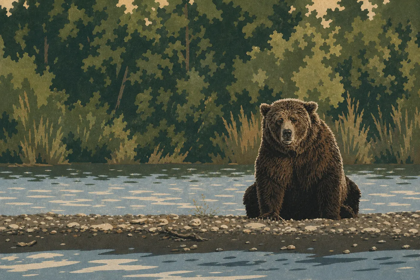 Screen-printed illustration: In summer light, a bear fishes in Brooks River, bordered by dense green vegetation.