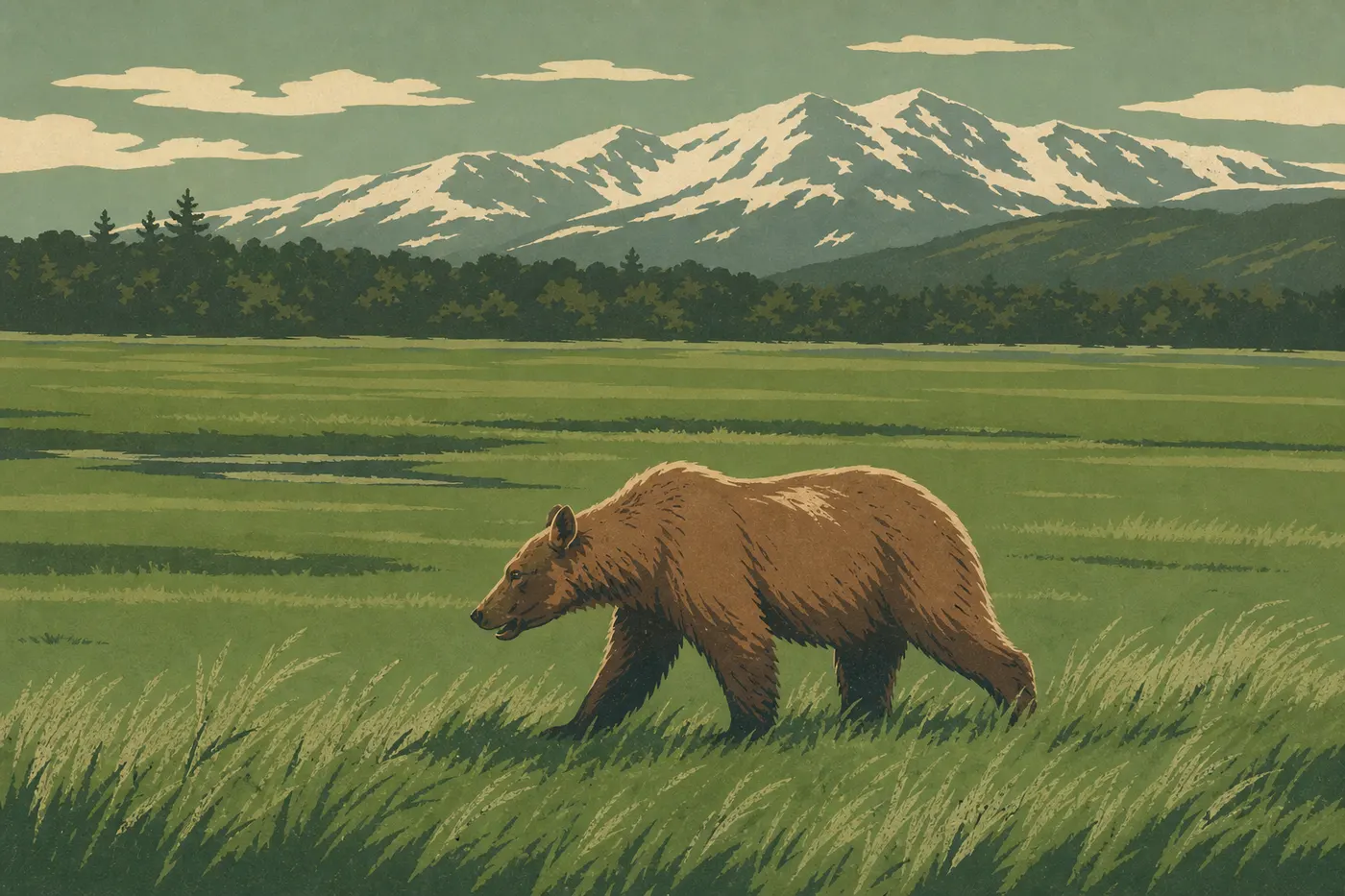 Illustration sérigraphiée : Un ours brun traverse les prairies côtières de Hallo Bay devant les montagnes encore couvertes de neige.