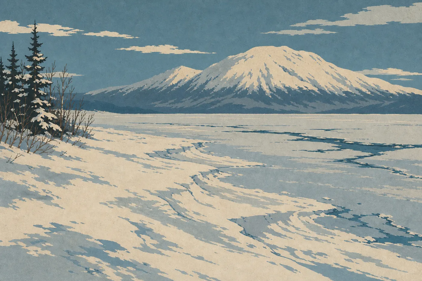 Screen-printed illustration: The frozen shore of Naknek Lake vanishes beneath snow as Dumpling Mountain fills the winter horizon.