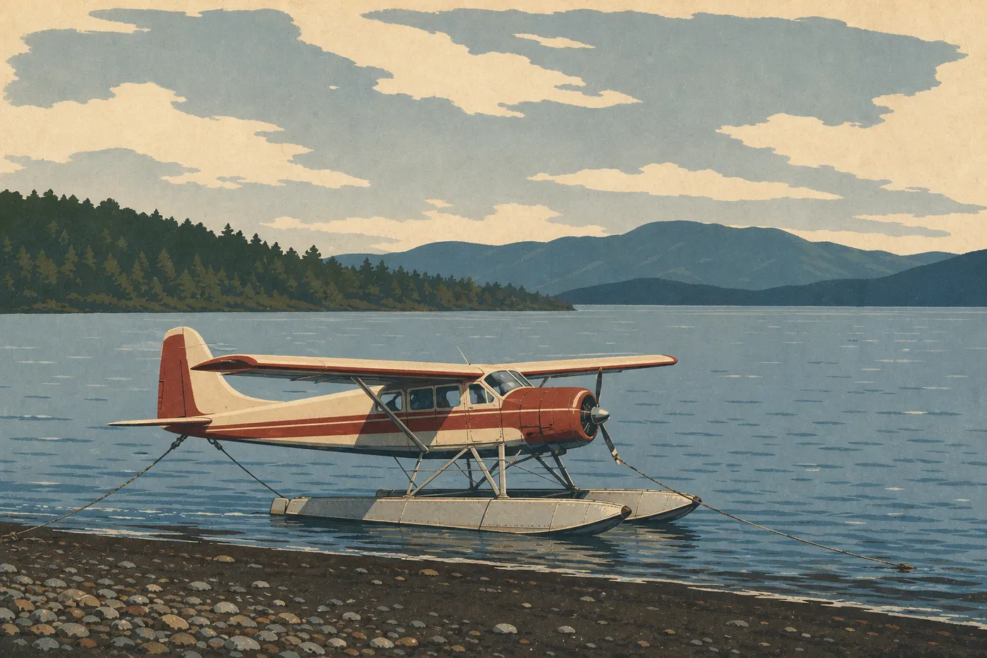 Illustration sérigraphiée : Un hydravion flotte devant la plage de Brooks Camp sur les eaux immenses du lac Naknek.