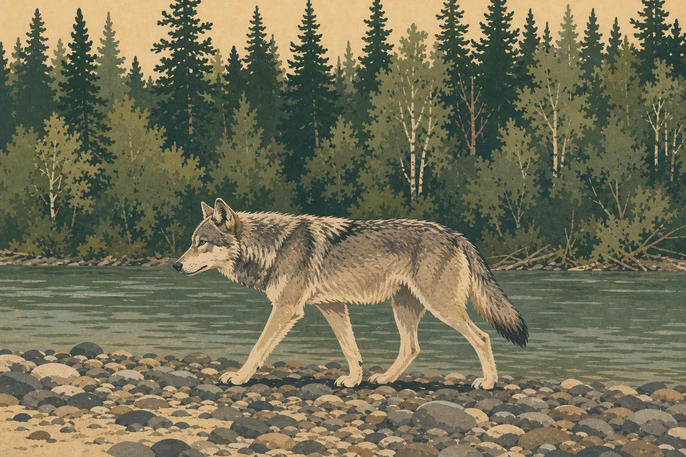 Illustration sérigraphiée : Un loup gris solitaire longe la rive graveleuse de la rivière Brooks devant une forêt boréale.