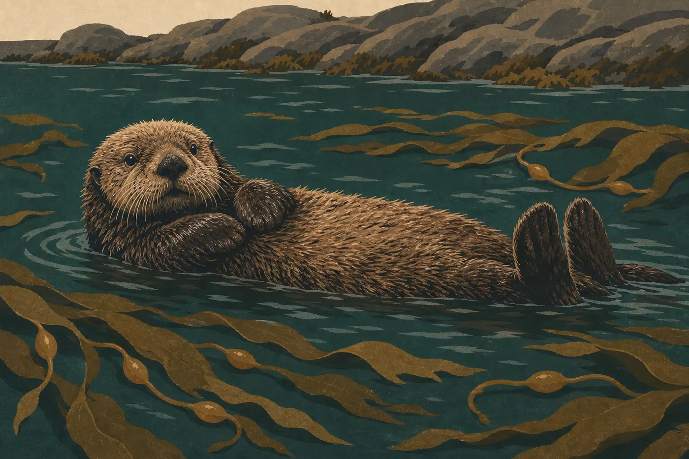 Illustration sérigraphiée : Une loutre de mer flotte parmi les algues dans les eaux abritées de la côte Pacifique de Katmai.