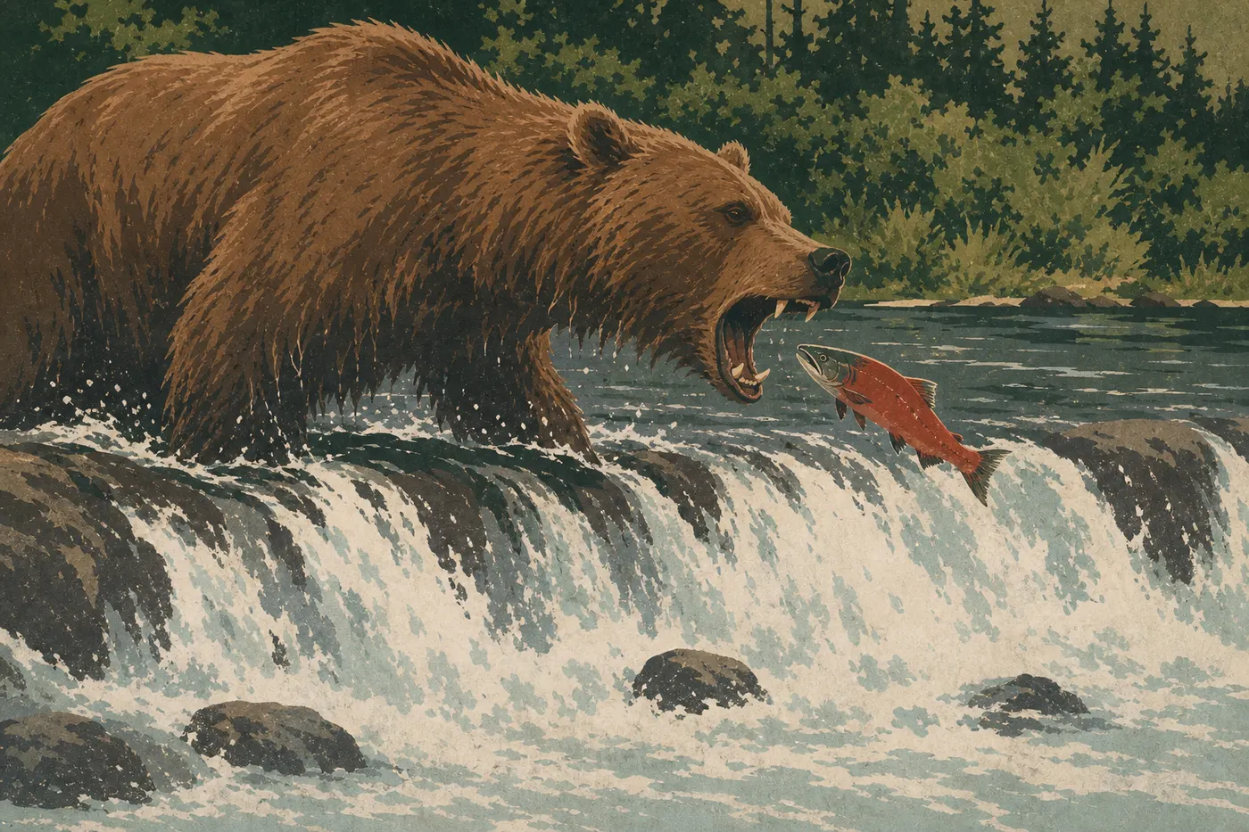 Illustration sérigraphiée : Un ours brun saisit un saumon bondissant au sommet des chutes de Brooks, face aux rapides écumeux.