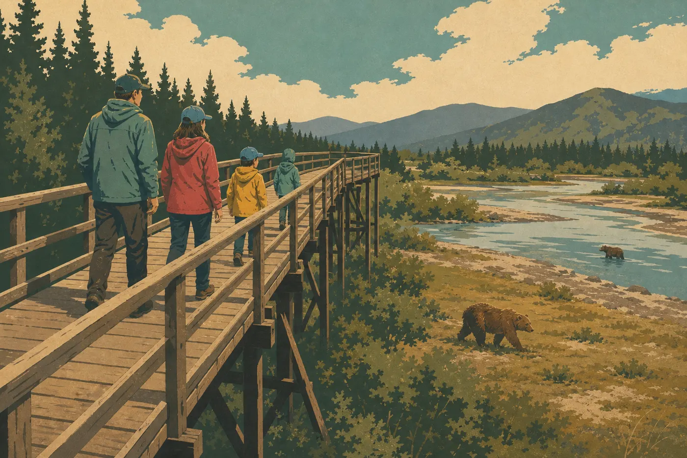 Illustration sérigraphiée : Une famille avance sur la passerelle surélevée de Brooks Camp en observant prudemment la rivière et ses ours.