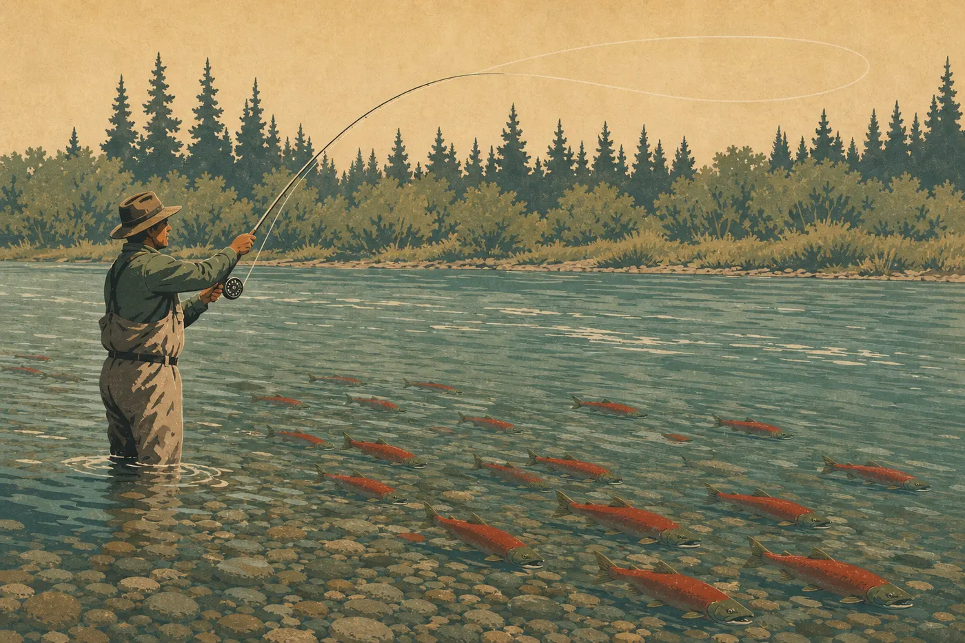 Illustration sérigraphiée : Un pêcheur à la mouche lance sa ligne dans la rivière Brooks au milieu des saumons remontant le courant.