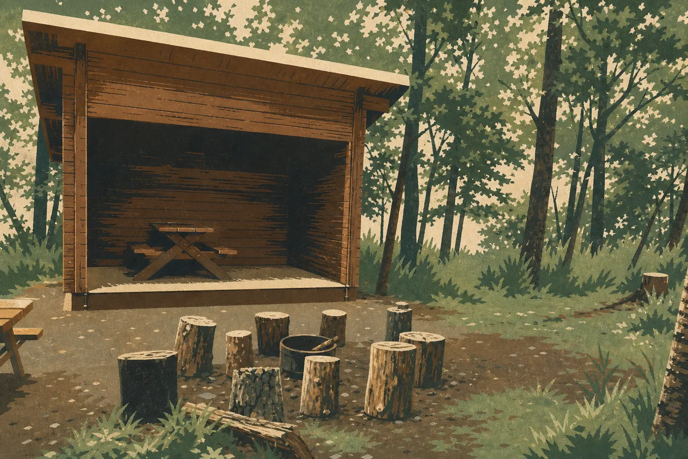 Illustration sérigraphiée : L'abri couvert de Lake Brooks protège tables de pique-nique et visiteurs dans la forêt humide du camp.