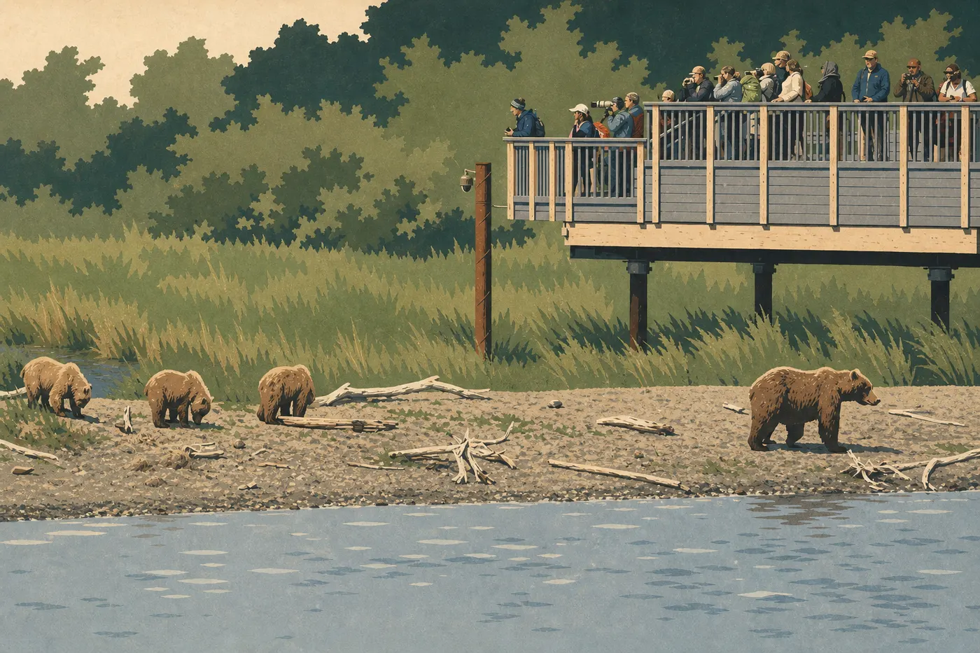Illustration sérigraphiée : Des photographes équipés de téléobjectifs cadrent les ours depuis la plateforme surélevée des chutes de Brooks.