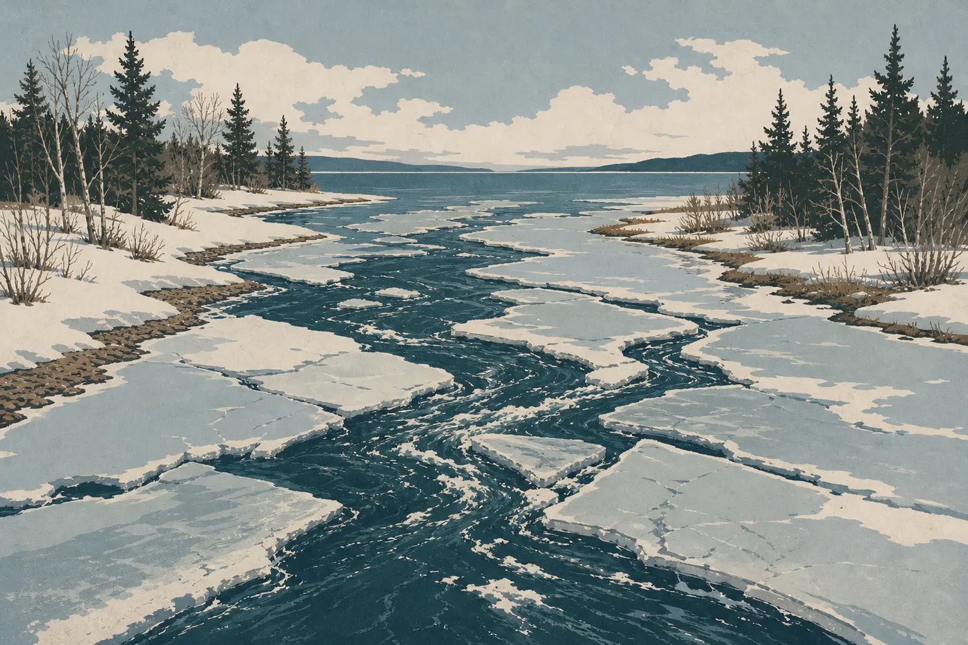 Screen-printed illustration: Spring breakup clears the mouth of Brooks River between ice floes and still-snow-covered forest.